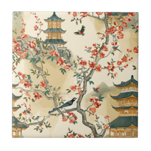 Azulejo De Cerâmica Chinoiserie Elegante - Pagodes, Flores e Aves
