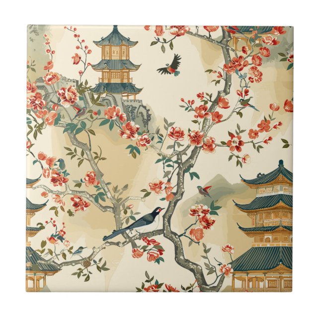 Azulejo De Cerâmica Chinoiserie Elegante - Pagodes, Flores e Aves (Frente)