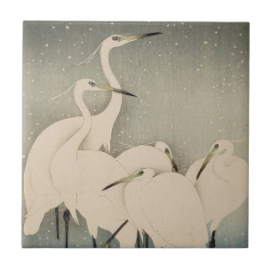 Azulejo De Cerâmica Chinoiserie Garça Branca Padrão de Neve de Inverno