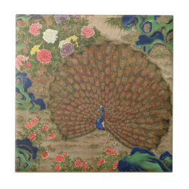 Azulejo De Cerâmica Chinoiserie Pavão Azul com Jardim de Flores Exótic