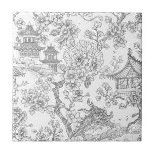 Azulejo De Cerâmica Chinoiserie Toile Dragão Flor de Cerejeira Ornamen