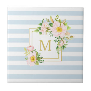 Azulejo De Cerâmica Chique Floral Monograma Banhas Azuis Pastel