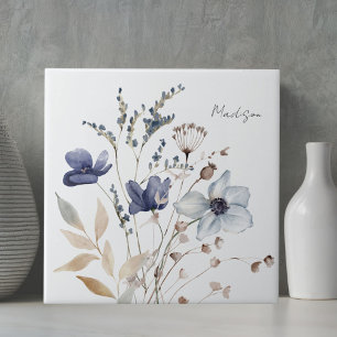 Azulejo De Cerâmica Chique Monogramado Flor Azul Aquarela Bonita