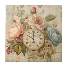 Azulejo De Cerâmica Chique Vintage Blush Blue Rosas Floral