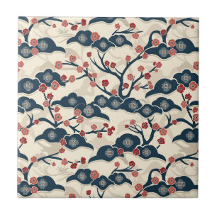 Azulejo De Cerâmica Chiyogami Japonês Ume Coral Vermelho Índigo Creme
