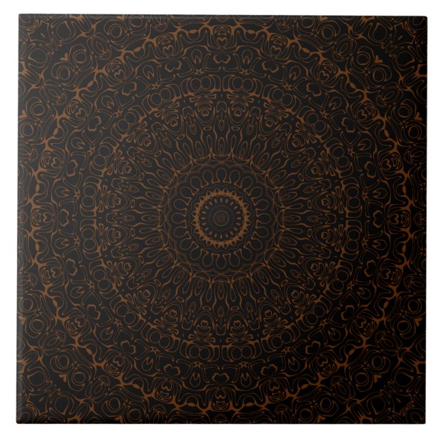 Azulejo De Cerâmica Chocolate Castanho Mandala com Simetria Intriciada (Frente)