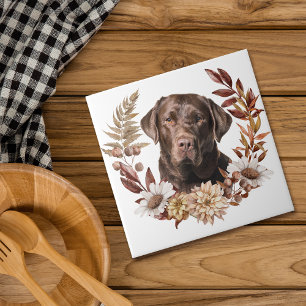 Azulejo De Cerâmica Chocolate Labrador Retriever Autumn Wreath