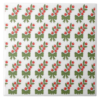 Azulejo De Cerâmica Christmas Holly Berries & Green Bow Pattern
