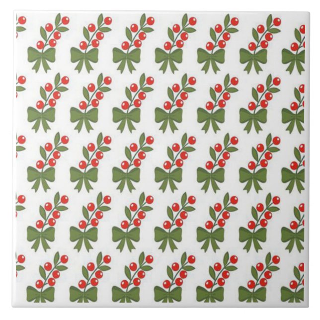 Azulejo De Cerâmica Christmas Holly Berries & Green Bow Pattern (Frente)