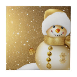 Azulejo De Cerâmica Christmas Party Golden Snowman Snowflakes Holidays