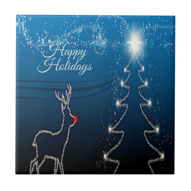 Azulejo De Cerâmica Christmas Party Reindeer Tree Blue Sky Shiny Stars (Frente)