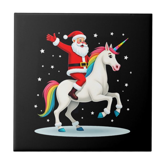Azulejo De Cerâmica Christmas Santa Riding Unicorn Xmas Girls Women Ra (Frente)