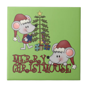 Azulejo De Cerâmica Christmouse alegre com árvore