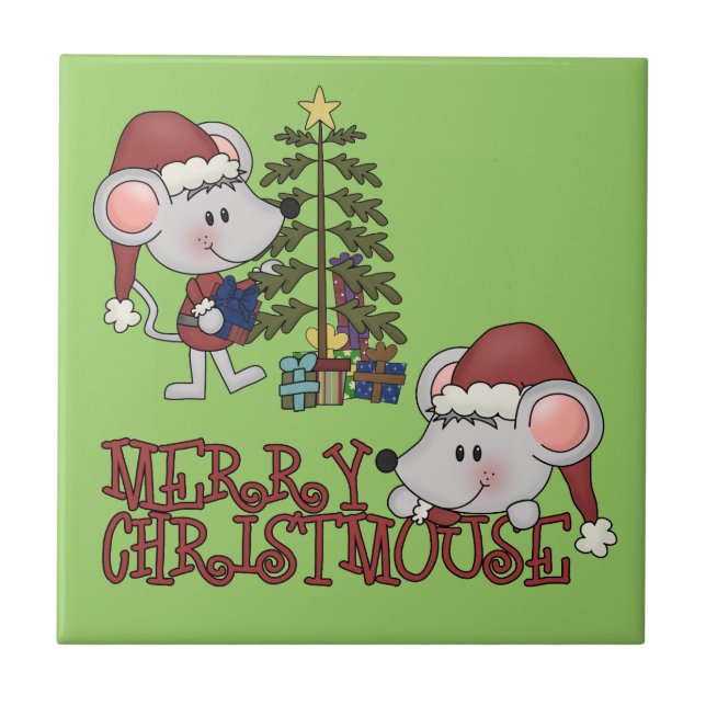 Azulejo De Cerâmica Christmouse alegre com árvore (Frente)