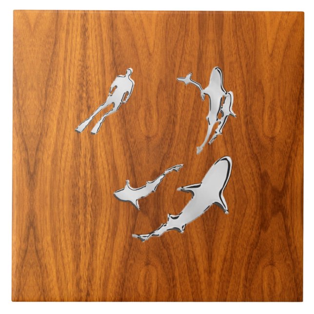 Azulejo De Cerâmica Chrome Like Diver com Tubarões no Teak Veneer (Frente)