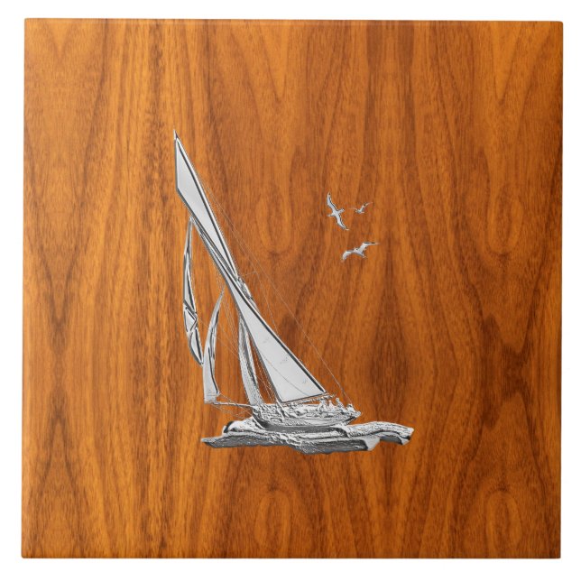 Azulejo De Cerâmica Chrome Regatta Sailboat no Teak Veneers Styles (Frente)