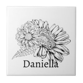 Azulejo De Cerâmica Chrysanthemum Black Line Drawing with Your Name 