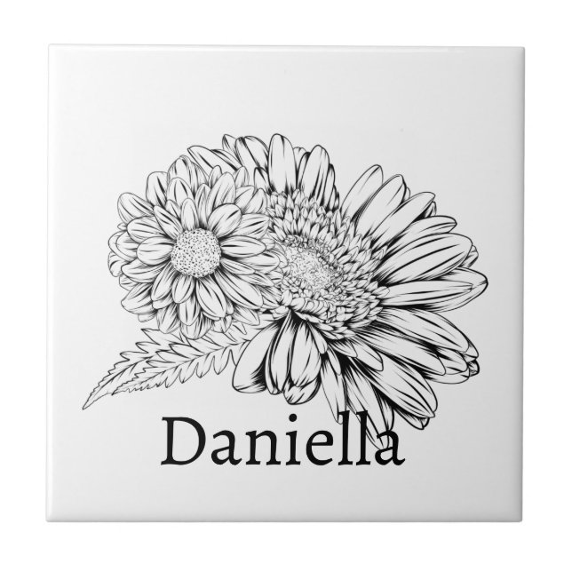 Azulejo De Cerâmica Chrysanthemum Black Line Drawing with Your Name  (Frente)
