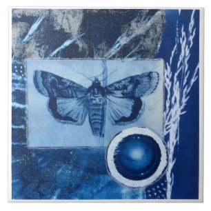 Azulejo De Cerâmica Cianotipia Vintage de Mariposa Azul e Branco