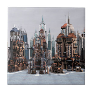 Azulejo De Cerâmica Cidade de Fantasia Futurista Arte de Horizonte de 