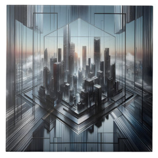 Azulejo De Cerâmica Cidade Futurística Metálica de Cinzas Negras Conte