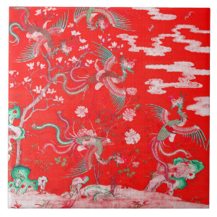 Azulejo De Cerâmica Cinco Fênix no Jardim Floral Vermelho Chinês