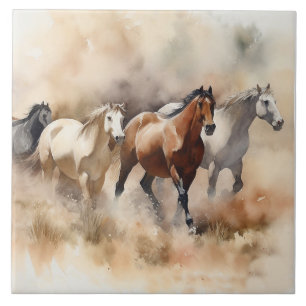 Azulejo De Cerâmica “Cinco Mustangs Galopando” Oeste empoeirado Aquare