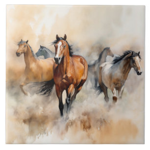 Azulejo De Cerâmica “Cinco Mustangs Selvagens” Aquarela Ocidental Empo