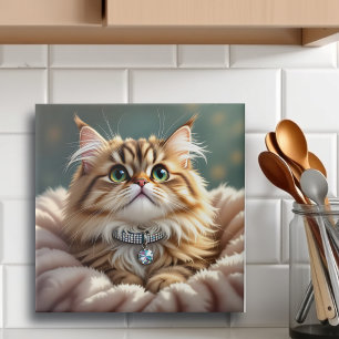Azulejo De Cerâmica Cinza Bonita Fluffy Tabby Cat com Colar Diamante