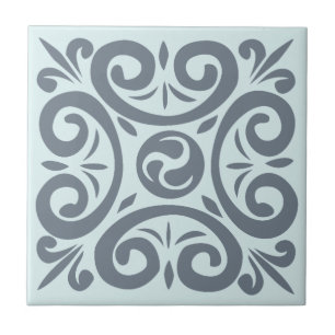 Azulejo De Cerâmica Cinza clássica sobre padrão de intricato azul cl