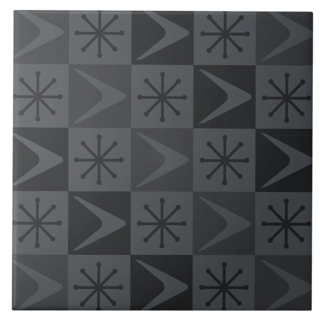 Azulejo De Cerâmica Cinza de Boomerangues Checkered Age (Frente)