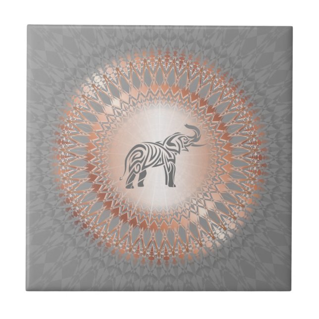 Azulejo De Cerâmica Cinza Dourada Elefante Mandala Azulejo Cerâmica (Frente)
