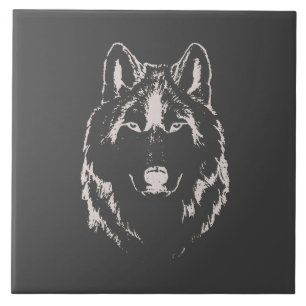 Azulejo De Cerâmica Cinza Funky E Esquema Da Cabeça Do Lobo Branco