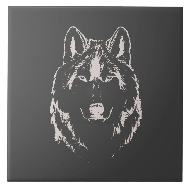Azulejo De Cerâmica Cinza Funky E Esquema Da Cabeça Do Lobo Branco (Frente)