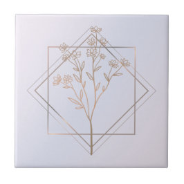 Azulejo De Cerâmica cinza lavanda com design floral ouro