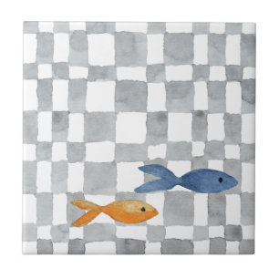 Azulejo De Cerâmica Cinza leve Verificações de Aquarela Peixe Azulejo