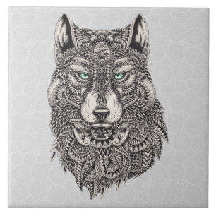 Azulejo De Cerâmica Cinza Negra e Ilustração do Lobo Verde