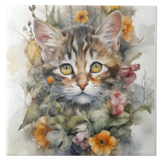 Azulejo De Cerâmica Cinza por gato com retrato das flores (Frente)