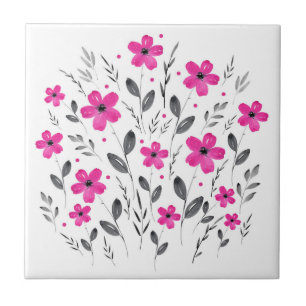 Azulejo De Cerâmica Cinza Rosa Quente Cinco Motif Floral Por Aquarela