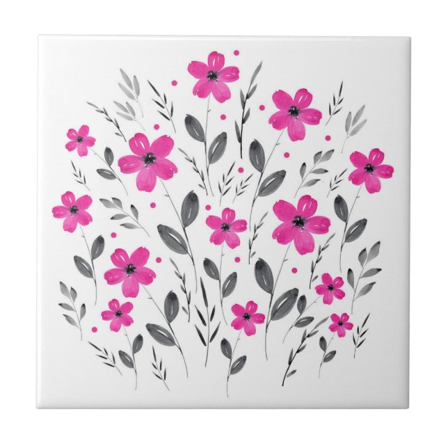 Azulejo De Cerâmica Cinza Rosa Quente Cinco Motif Floral Por Aquarela  (Frente)