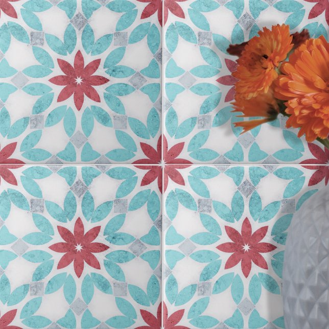 Azulejo De Cerâmica Cinza Vermelho Azul Simétrico, Vermelho, com Textu (Criador carregado)