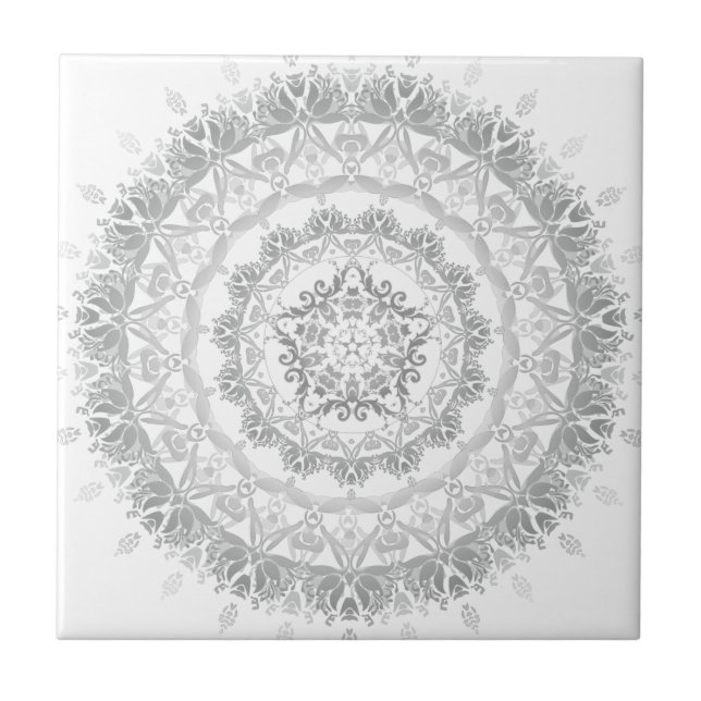 Azulejo De Cerâmica Cinza White Floral Damask Mandala (Frente)