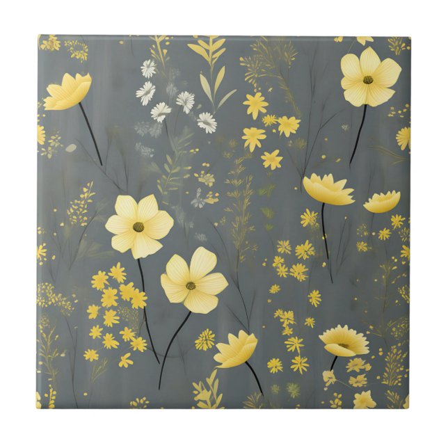 Azulejo De Cerâmica Cinzas das flores da vindima e amarelo (Frente)