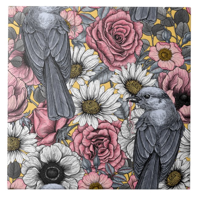 Azulejo De Cerâmica Cinzas e flores (Frente)