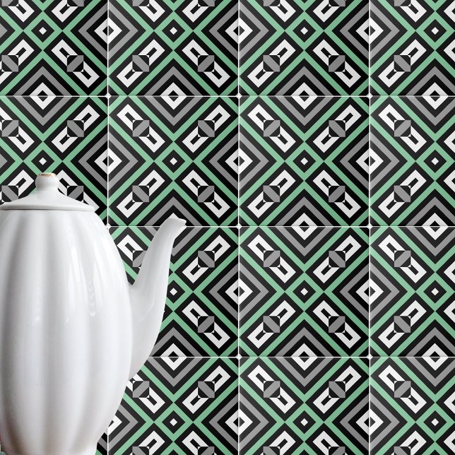 Azulejo De Cerâmica Cinzas Verdes Arte Branca em Pé Negra Geométrica S (Criador carregado)