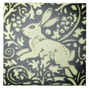 Azulejo De Cerâmica Cinzas Verdes Coelhos Coelhos Floresta Floral Natu
