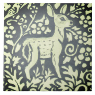 Azulejo De Cerâmica Cinzas Verdes Fawn Veado Veado Natureza Da Florest