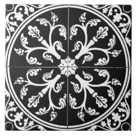 Azulejo De Cerâmica Círculo Abstrato Botânico Preto e Branco Vintage