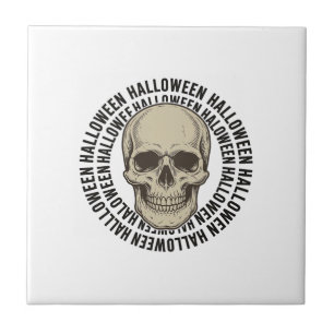 Azulejo De Cerâmica Círculo de Caveira de Halloween Desenho de Gravura