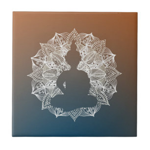 Azulejo De Cerâmica Círculo de Mandala, Buda Azul e Laranja